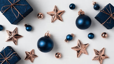 Christmas composition. Gifts, christmas decorations on white background. Flat lay, top view, copy spaceの写真素材