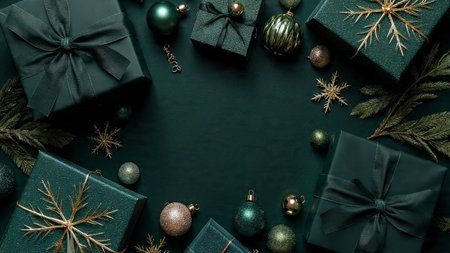 Christmas and New Year background with green gift boxes, fir branches, snowflakes on black...