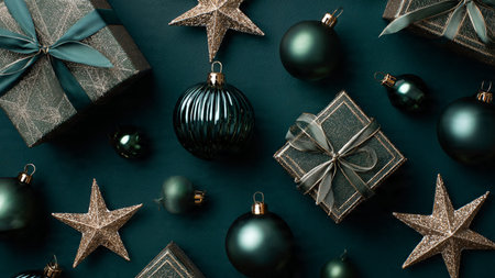 Christmas or New Year composition. Giftsrations on a black background. Flat lay, top view, copy...