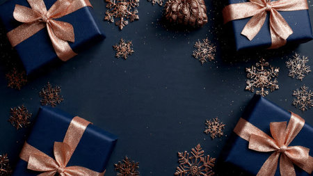 Christmas and New Year background with gift boxes, pine cones and snowflakes.の写真素材