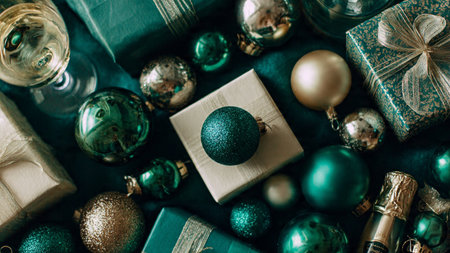 Christmas and New Year composition. Gifts, champagne, Christmas tree toys. Flat lay, top view