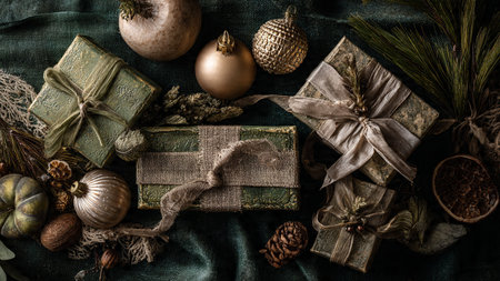 Christmas presents and ornaments on dark green background with copy spaceの写真素材