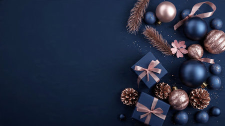 Christmas and New Year background with blue baubles, pine cones and gift boxes.