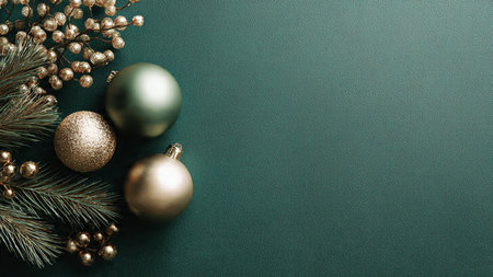 Christmas decoration on green background. Flat lay, top view, copy space.