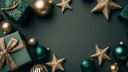 Christmas or New Year composition. Giftsrations on black background. Flat lay, top view, copy space