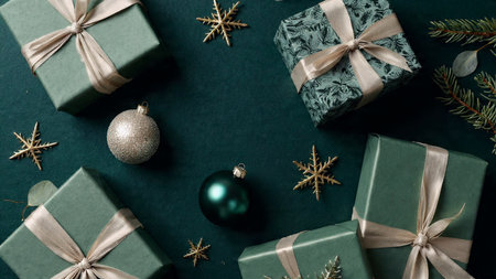 Christmas and New Year background. Green gift boxes and decorations on dark green background.