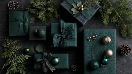 Christmas or New Year background. Top view of green gift boxes, fir tree branches, pine cones and green baubles on grey stone table.の写真素材