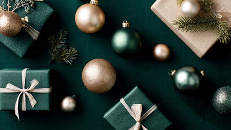 Christmas or New Year flat lay top view Xmas holiday celebration decorative background with green...
