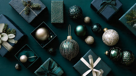 Christmas and New Year background. Gifts and decorations on green background. Flat lay, top view.