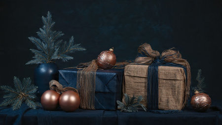 Christmas still life with gift boxes and baubles on dark background
