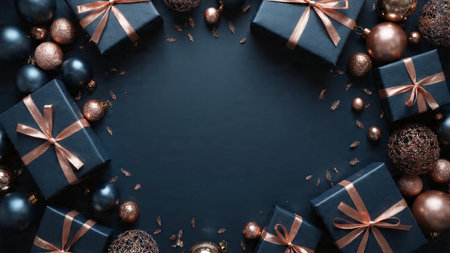 Christmas and New Year background with black gift boxes, balls and ribbons. Top view.