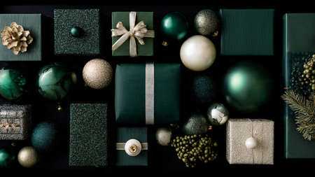Christmas gift boxes and ornaments on dark background. Top view.