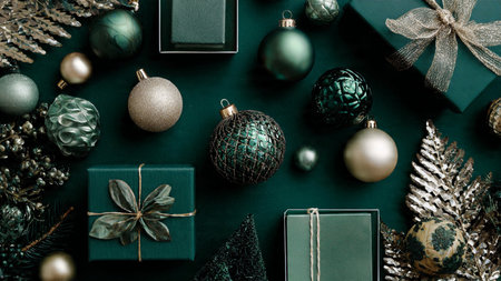 Christmas composition. Christmas tree, gift boxesrations on black background. Flat lay, top view,...