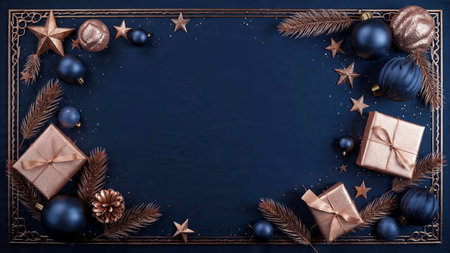 Christmas background with baubles, gift boxes and fir branches on dark blue background