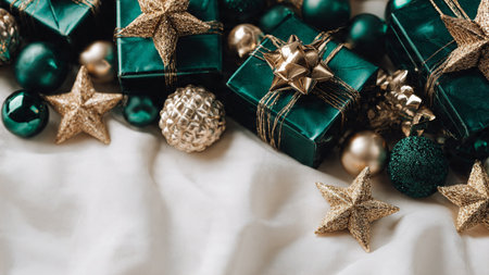Christmas background with decorations and gift boxes. Flat lay, top view.