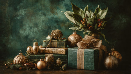 Christmas decoration with gift boxes on rustic wooden table, retro tonedの写真素材