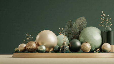 3d render of golden and green christmas baubles on green backgroundの写真素材