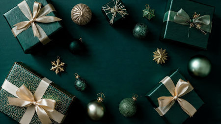 Christmas composition. Gifts, Christmas tree toys on green background. Flat lay, top view, copy...
