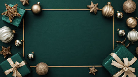 Christmas background with baubles and gift boxes on dark green paper
