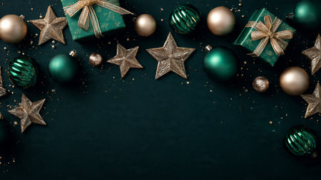 Christmas and New Year background. Green and golden baubles, stars and gift box on black background....