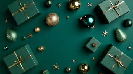 Christmas or New Year composition. Gifts, Christmas balls on green background. Flat lay, top view,...