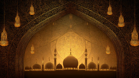 Beautiful golden oriental background with mosque. Ramadan Kareem.