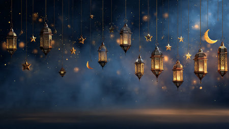 Ramadan Kareem background with arabic lanterns and crescent moonの写真素材