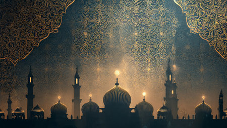 Background image with mosque and arabic ornament. Ramadan Kareemの写真素材