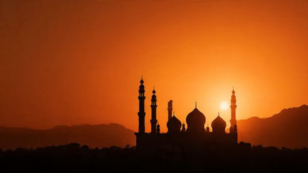 Silhouette of mosque in sunset time. Ramadan Kareem backgroundの写真素材