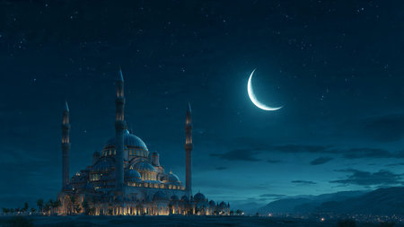 Hagia Sophia at night with moon and stars in the skyの写真素材