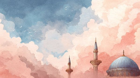 Watercolor illustration of a mosque with blue sky and white clouds.の写真素材
