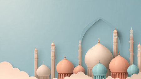 Mosque and clouds in paper art style. 3d illustration.の写真素材