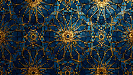 3D render of a blue background with golden arabesque patternの写真素材