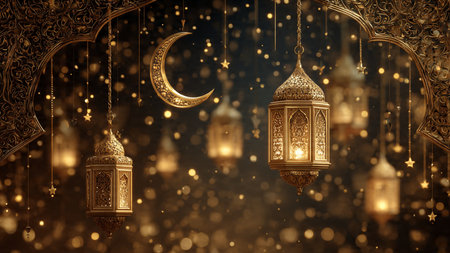 Ramadan Kareem background with golden lanterns and crescent moon