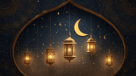 Ramadan Kareem background with arabic lanterns and crescent moon