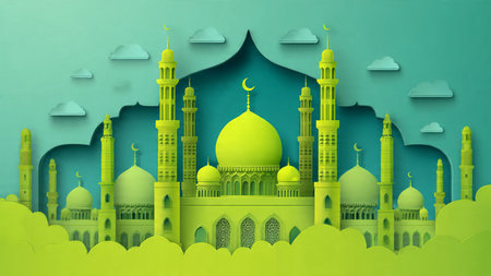 Paper art style of Eid Mubarak background with mosque. Vector illustration.の写真素材