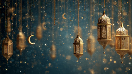 Ramadan Kareem background with golden lanterns and crescent moon