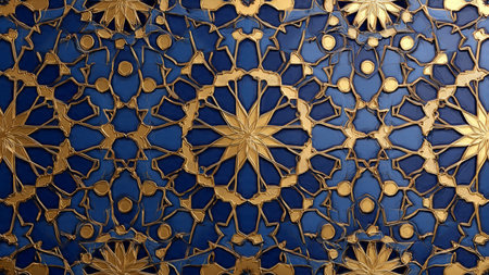 Golden ornament on blue background, 3d rendering. Computer digital drawing.