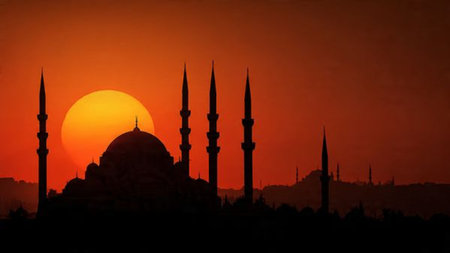 Silhouette of the mosque at sunset, Istanbul, Turkey.