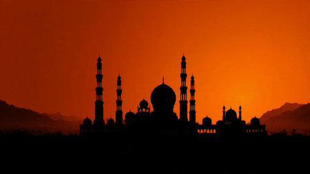 Silhouette of mosque at sunset.の写真素材