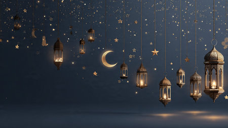 Ramadan Kareem background with arabic lanterns and crescent moon