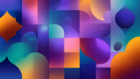 abstract background with geometric shapes in blue, orange, pink and purple colors