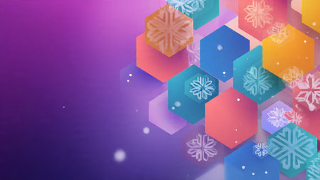 Abstract colorful background with hexagons and snowflakes. Vector illustration.