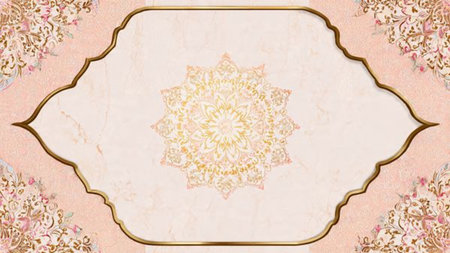 Decorative design element with gold frame on pink background. 3d illustration