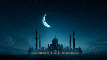 Mosque at night with moon and stars. 3D rendering.の写真素材