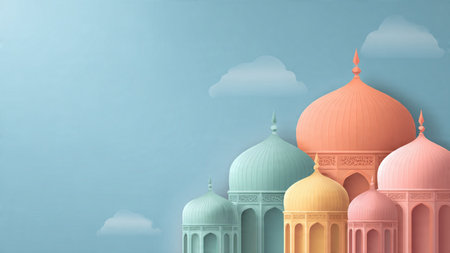 3d illustration of eid mubarak background with mosque and clouds