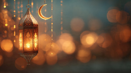 Lantern with crescent moon and bokeh lights. Ramadan Kareem background