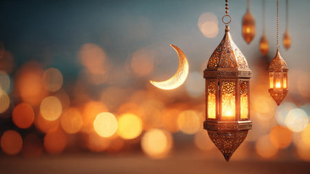 Ramadan Kareem background with lanterns and crescent moon.