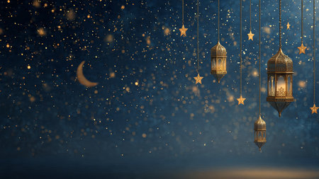 Ramadan Kareem background with golden lanterns and crescent moonの写真素材