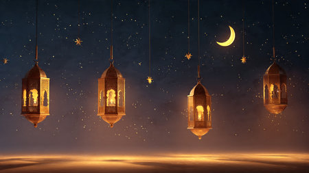 Ramadan Kareem greeting card with hanging lanterns and crescent moon